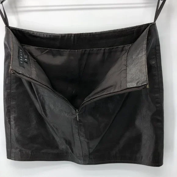 Theory Size 2 Leather Black Brown Chocolate Dark Brown Mini Skirt - Picture 6 of 16